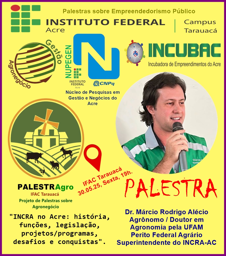 Projeto PalestrAGRO IFAC Tarauacá - Palestra do INCRA: "INCRA no Acre: história, funções, legislação, projetos/programas, desafios e conquistas".